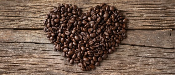 The heart of coffee beans arranged on rustic wooden background