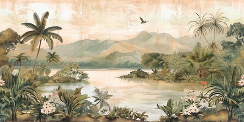 Wallpaper serene tropical landscape painting in pastel tones