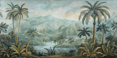 Wallpaper serene tropical landscape painting in pastel tones