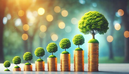 A stacks of gold coins arranged in ascending order from left to right, with a small green plant emerging from the top of the stacks