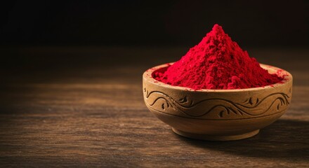 Vibrant red powder in a wooden bowl