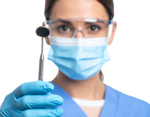 Close-Up of Female Dentist with Protective Eyewear Holding Dental Drill – Transparent PNG