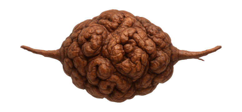 Root gall with bulbous, rough surface and reddish-brown color