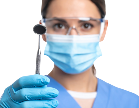 Close-Up of Female Dentist with Protective Eyewear Holding Dental Drill – Transparent PNG