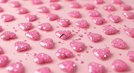 A broken pink glitter heart amidst many whole hearts on a pink background