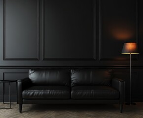 Elegant Black Leather Sofa in Minimalist Interior with Black Walls and Stylish Floor Lamp