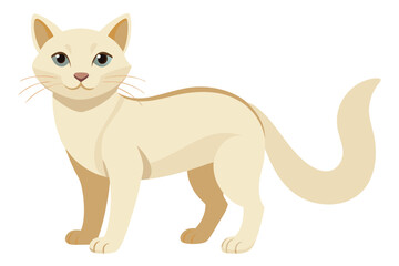 Cartoon Cream Colored Cat Standing on White Background with Beautiful Blue Eyes and Golden Fur