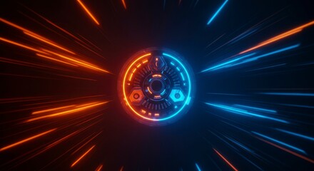Futuristic circular mechanism, vibrant orange and blue energy beams radiate outwards in a dark setting