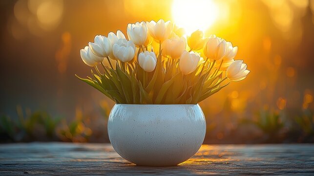 Creamy tulips in white pot, sunlit backdrop