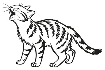 Striking Feline Roar A Black and White Illustration of a Growling Striped Cat