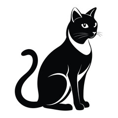 Elegant Black Cat Illustration Sitting Gracefully with a Curled Tail and Alert Expression