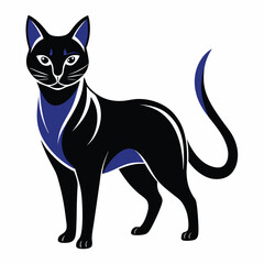 Stylized Illustration of a Sleek Black Cat with Elegant Blue Accents and Curving Tail