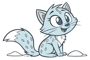 Adorable Cartoon Snow Leopard Cub Illustration Sitting Pretty Amidst Snowy Hillocks and Dusted Terrain