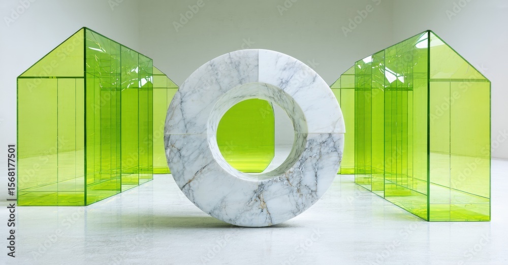 Poster Minimalist installation features marble torus, green translucent cube structures. Bright space, modern art exhibit. Clean lines, geometric forms.