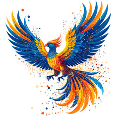 Obraz premium Vibrant Phoenix with Fiery Wings in Shades of Orange and Blue Detailed Illustration
