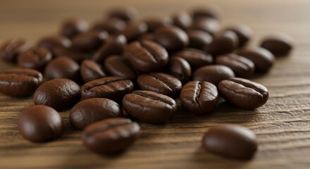 A close-up showcases roasted coffee beans scattered on a wooden surface, highlighting their textured appearance