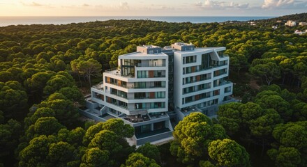 Aerial view reveals a modern white building surrounded by lush green forest, with the sea visible in the distance