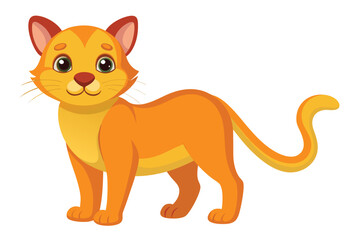 Adorable Cartoon Orange Cat with Big Eyes and Curled Tail Standing on White Background