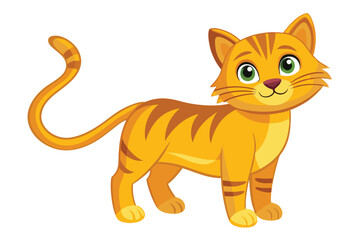 Cute Cartoon Orange Tabby Cat Standing and Smiling Adorably with Green Eyes and a Curled Tail