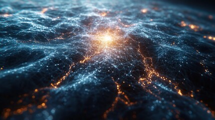 Abstract network of glowing points and lines on a textured surface.  Deep blues and oranges highlight interconnected nodes