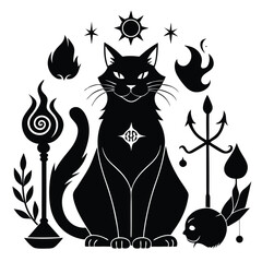 Mystical Black Cat Surrounded by Occult Symbols and Elements Artwork