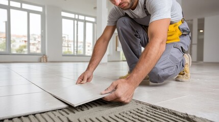 A worker carefully places a tile onto the adhesive, in a bright room with large windows.