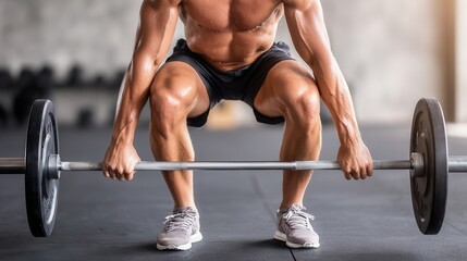 Fototapeta premium Muscular man lifting weights, performing deadlift exercise in gym, close up on legs and barbell.