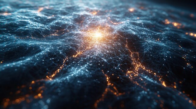 Abstract network of glowing points and lines on a textured surface.  Deep blues and oranges highlight interconnected nodes