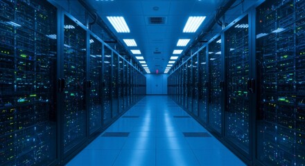 Massive server room filled with  tech equipment, lit with cool blue light