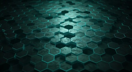 A textured surface composed of numerous hexagonal shapes, illuminated with teal lighting.