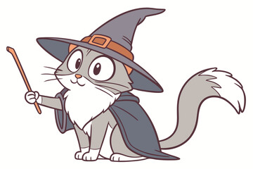 Cartoon Cat Wizard with Pointed Hat and Magic Wand, a Whimsical Feline Character