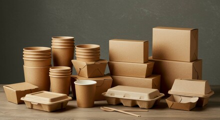 An assortment of eco-friendly food packaging, including containers, cups, and boxes, sits on a wooden surface against a neutral backdrop