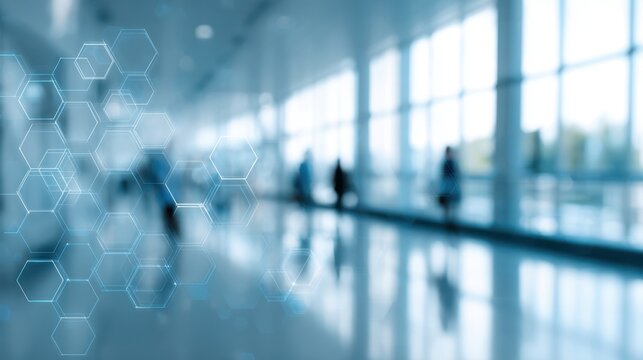 The modern abstract background featuring hexagonal patterns and blurred figures.