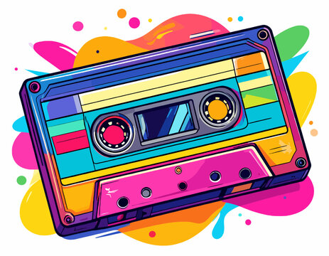 Vibrant Pixelated Cassette Tape with Colorful Splatters on White Background Retro Audio Technology Media in Pixel Art Design