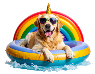 Golden Retriever with Sunglasses Relaxing on Rainbow Unicorn Floatie – Transparent Background