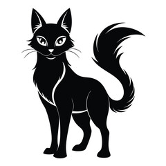 Elegant Black Cat Silhouette with a Fluffy Tail and Piercing Eyes Stands Gracefully