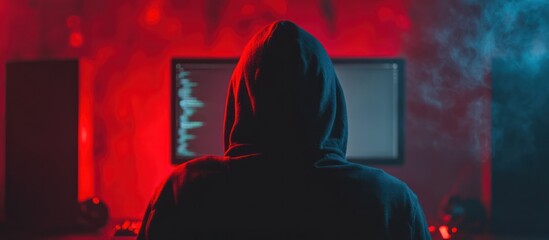 Anonymous coder shrouded in mystery amidst red and blue neon lights working on screen