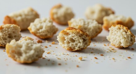 Close-up of several small, broken pieces of bread scattered on a white surface, showing a light, airy crumb structure
