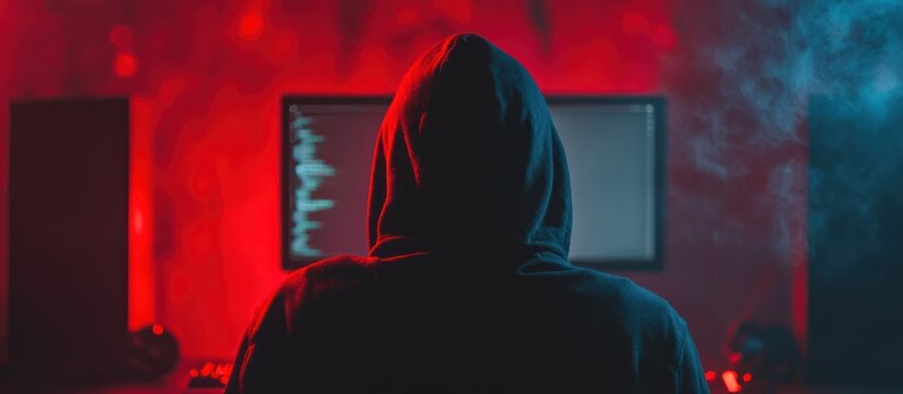 Anonymous coder shrouded in mystery amidst red and blue neon lights working on screen