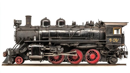Naklejka premium Steam engine, glossy black, strong front view, white background, high contrast, museum quality