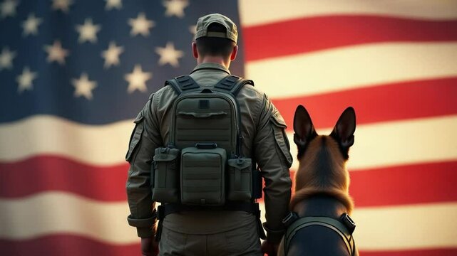 Military Handler and Dog in Front of American Flag &ndash; Honor and Loyalty on National Dog Day