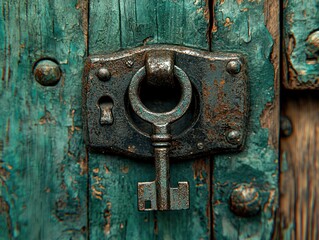 An antique, rusty key in a weathered teal wooden door. Close-up