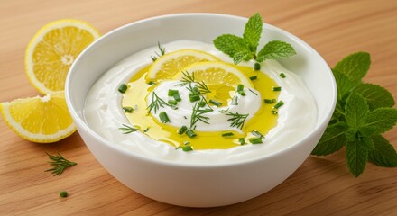 Creamy yogurt dip, garnished with lemon slices, fresh herbs, and olive oil (1)