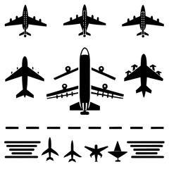 Airplane icon vector set with silhouettes for travel and aviation design