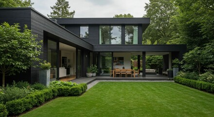 Modern black house with expansive windows, open floor plan, sleek design, and lush green lawn