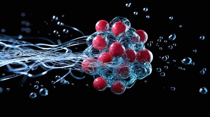 Abstract digital visualization of a molecular structure with red and blue elements, depicting dynamic interactions and energy flow on a dark background.