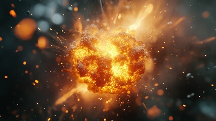 Dramatic and powerful explosion with vibrant fire and sparks radiating against a dark background, capturing the intensity and energy of a fiery blast.