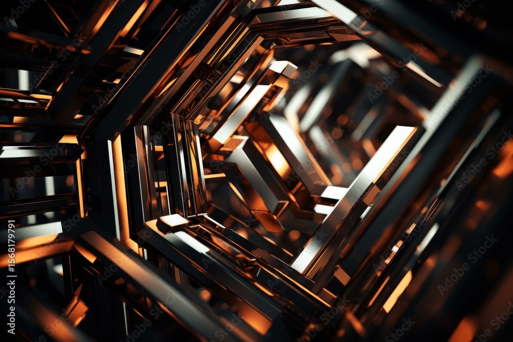 Fototapete metallic structure creating a tunnel with orange and black reflections