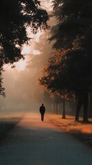 Fototapeta premium silhouette walking figure on foggy autumn park path at sunrise with trees and mist