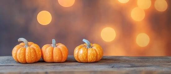 Rustic autumnal display featuring miniature pumpkins with soft bokeh background